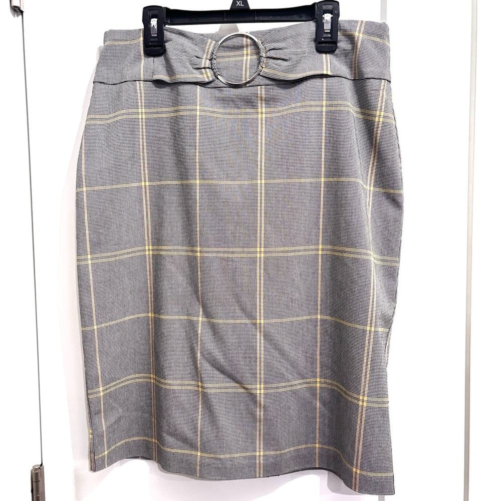 NWOT Soho Apparel M Stretch Gray Yellow Black White Plaid Belted Pencil Skirt. - Picture 2 of 9